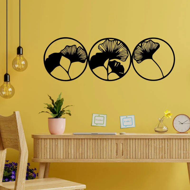 Set of 3 Ginkgo Leaf Circle Wall Art – Minimalist Wooden Decor for Modern Interiors