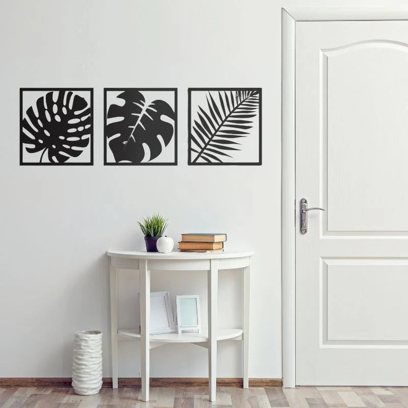 Set of 3 Minimalist Black Leaf Wall Art – Modern Wooden Wall Decor for Living Room