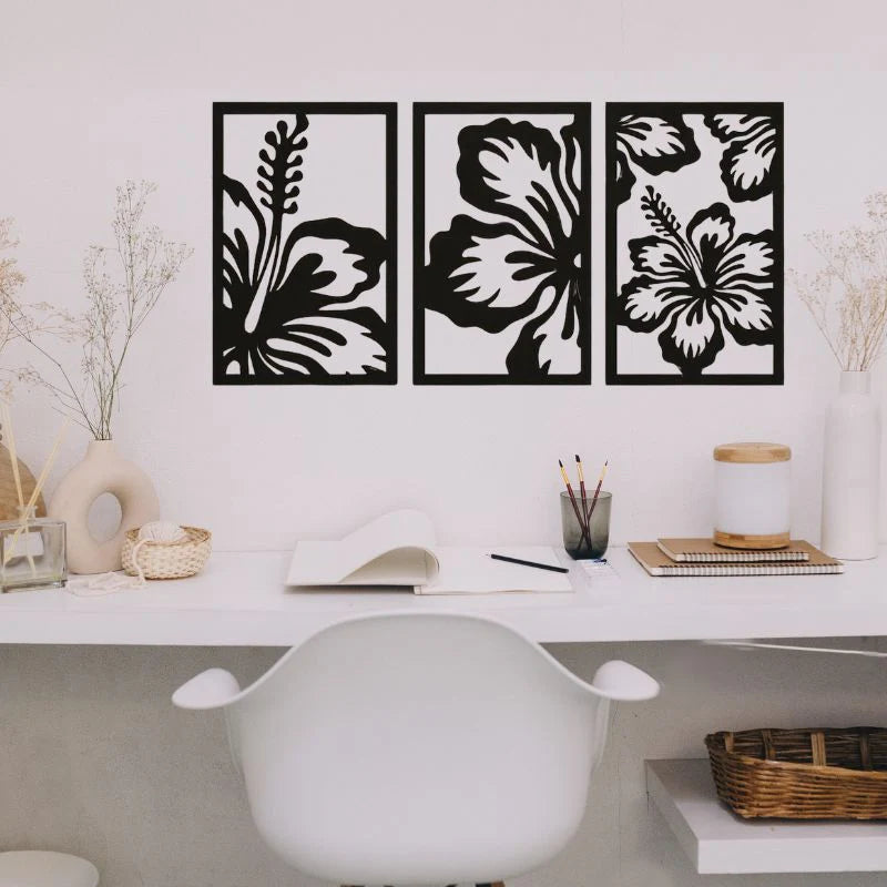 3-Piece Floral Wall Art Set – Modern Black Wooden Flower Design Frames