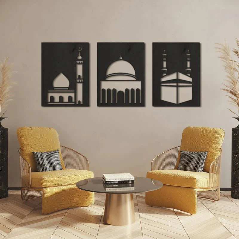 Islamic Wall Art Wooden Set of 3 – Mosque, Dome & Kaaba
